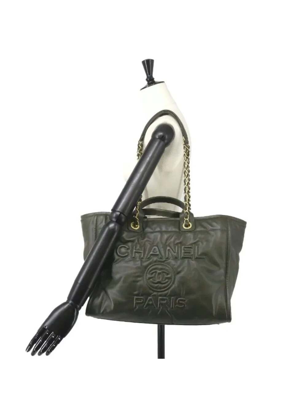 Chanel Deauville GM 2-Way Tote Chain Shoulder Bag Leather Khaki